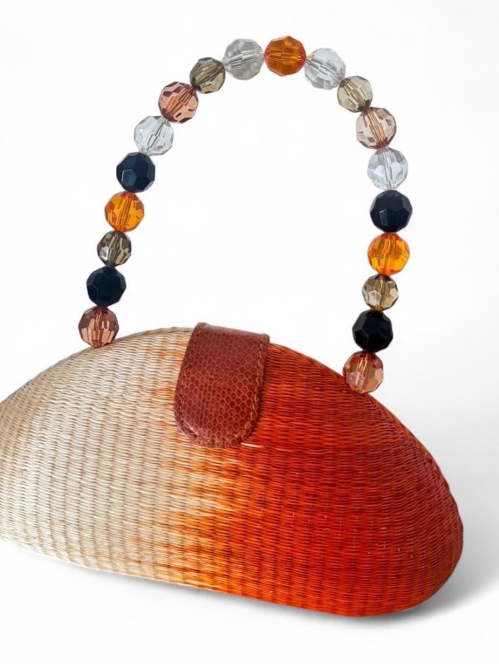 Straw Mini Bag with Amber Beaded Handle - Brown/Orange - Picture 4 of 6